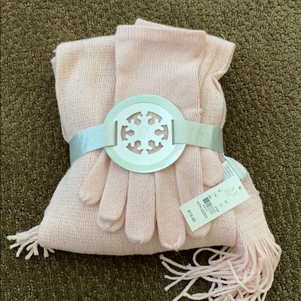 Pink and gold knit scarf and glove set